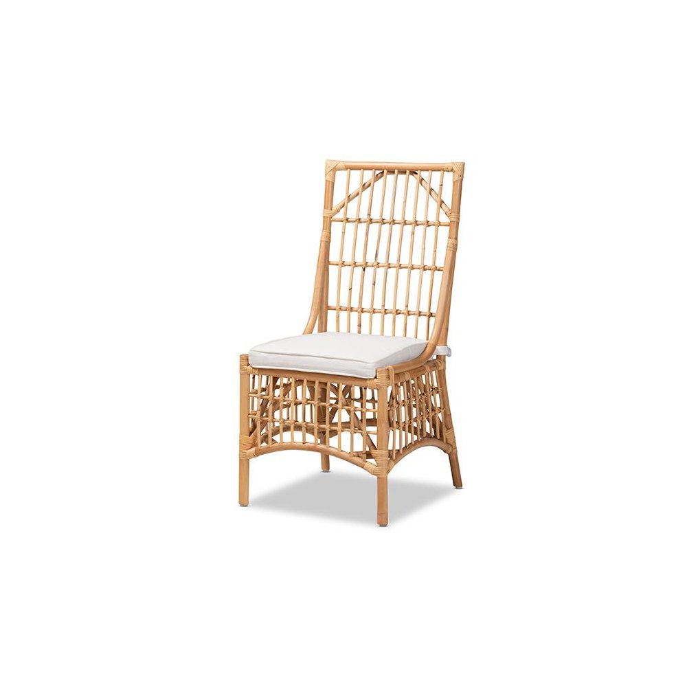 Bohemian White Fabric Upholstered and Natural Brown Rattan Dining Chair. Picture 1