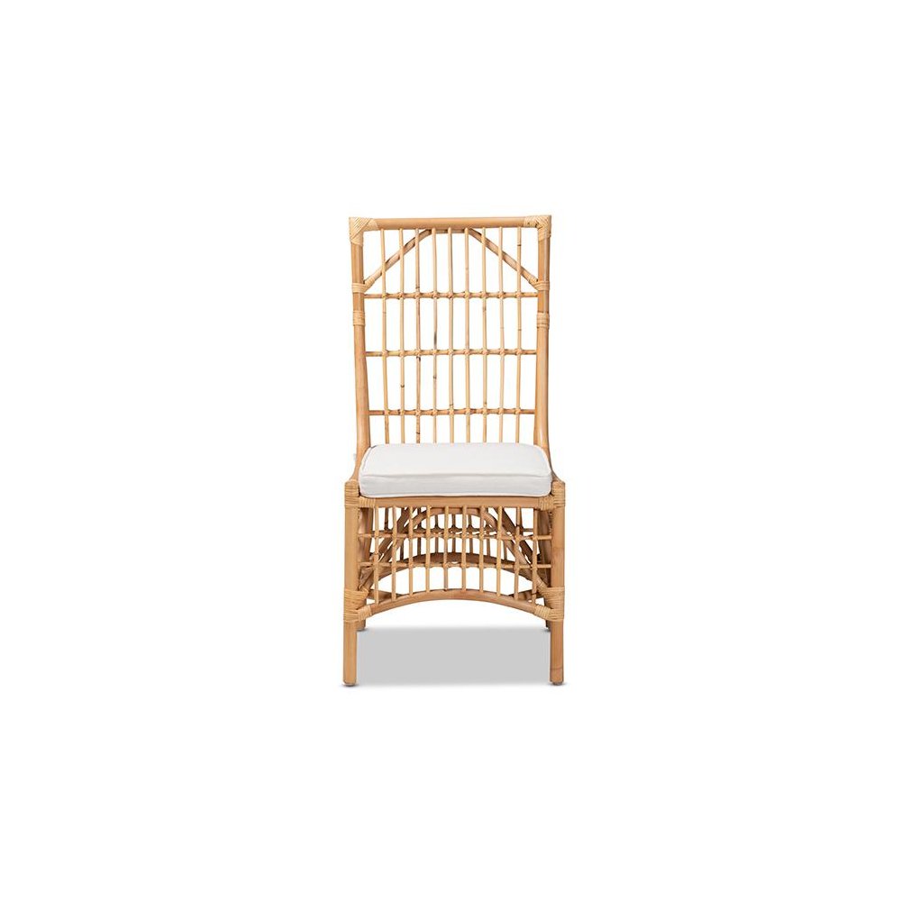 Bohemian White Fabric Upholstered and Natural Brown Rattan Dining Chair. Picture 2