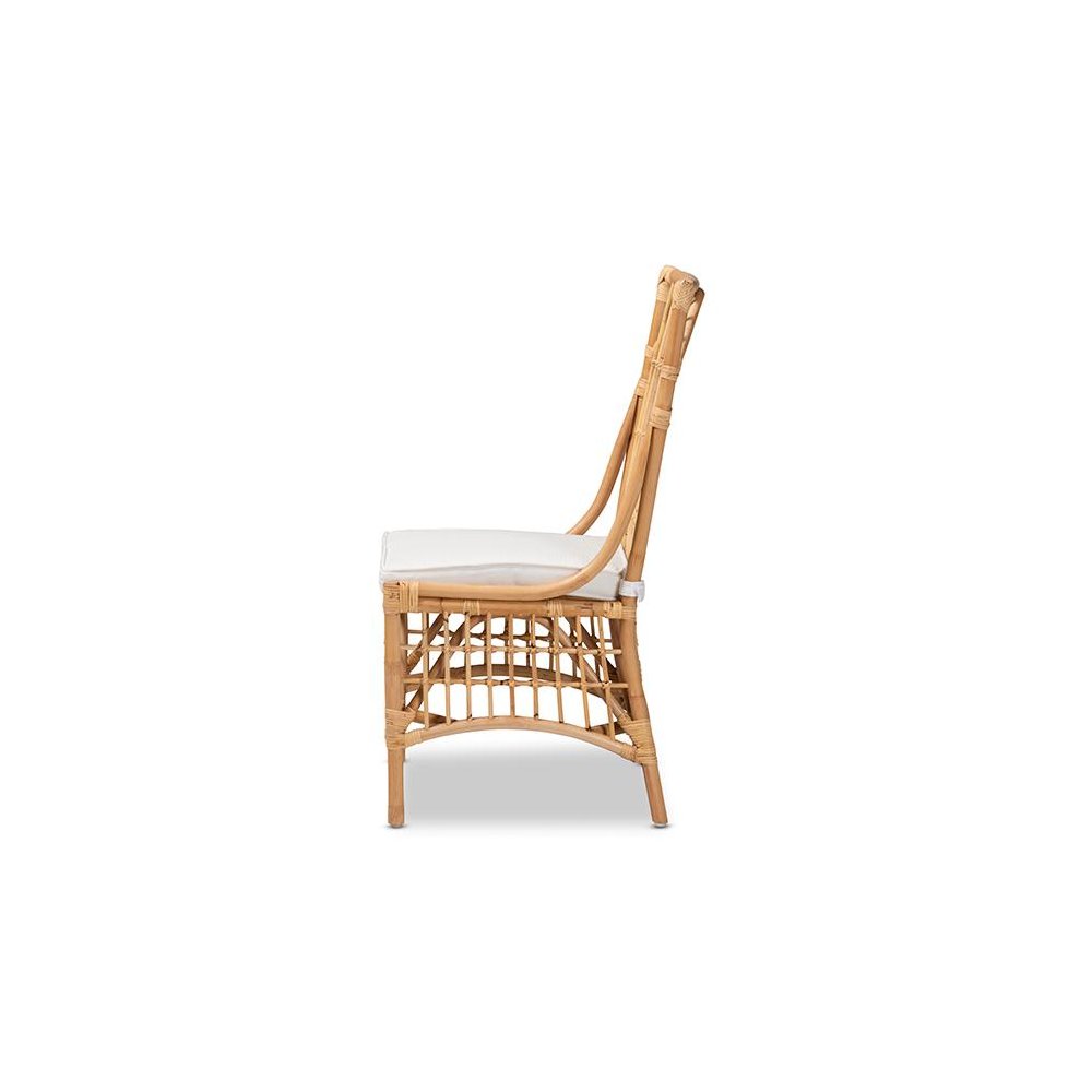 Bohemian White Fabric Upholstered and Natural Brown Rattan Dining Chair. Picture 3