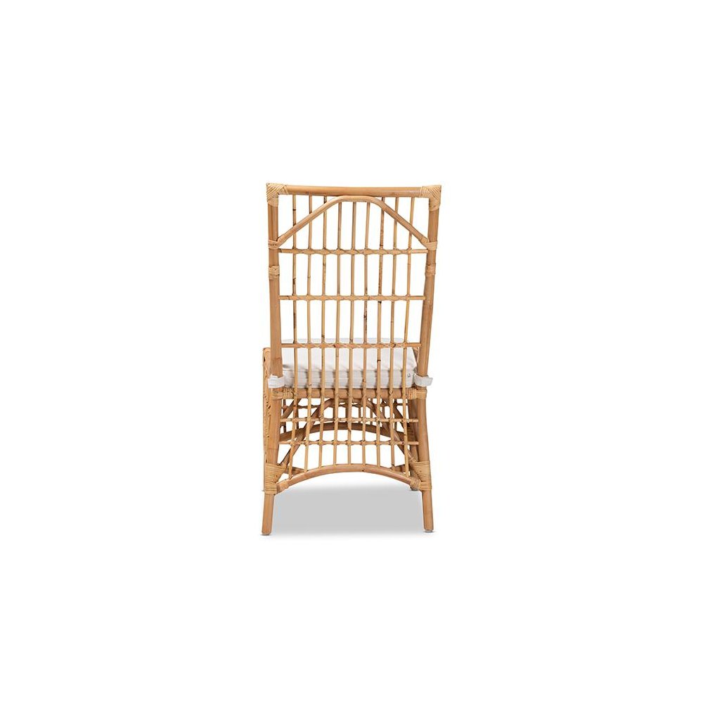 Bohemian White Fabric Upholstered and Natural Brown Rattan Dining Chair. Picture 4