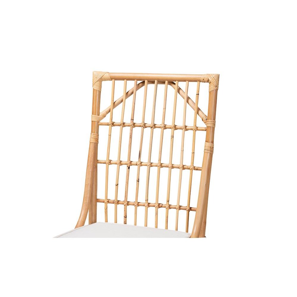 Bohemian White Fabric Upholstered and Natural Brown Rattan Dining Chair. Picture 5