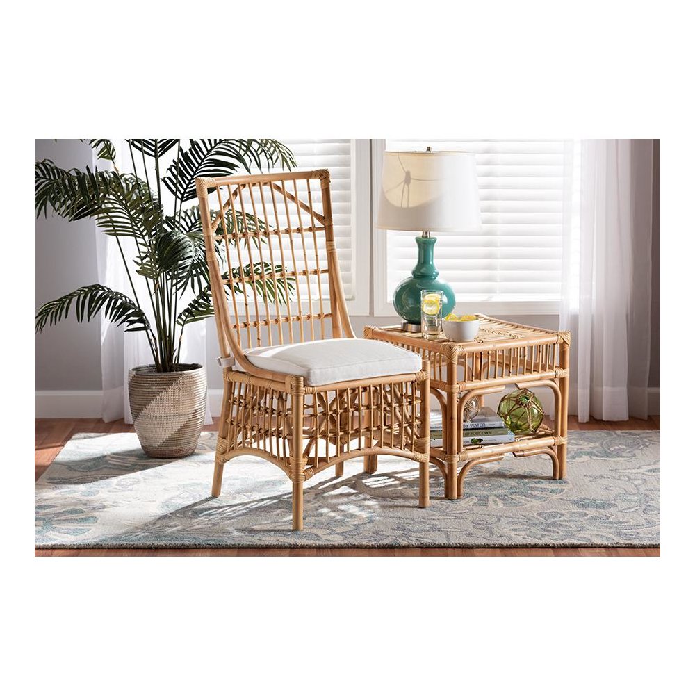 Bohemian White Fabric Upholstered and Natural Brown Rattan Dining Chair. Picture 8