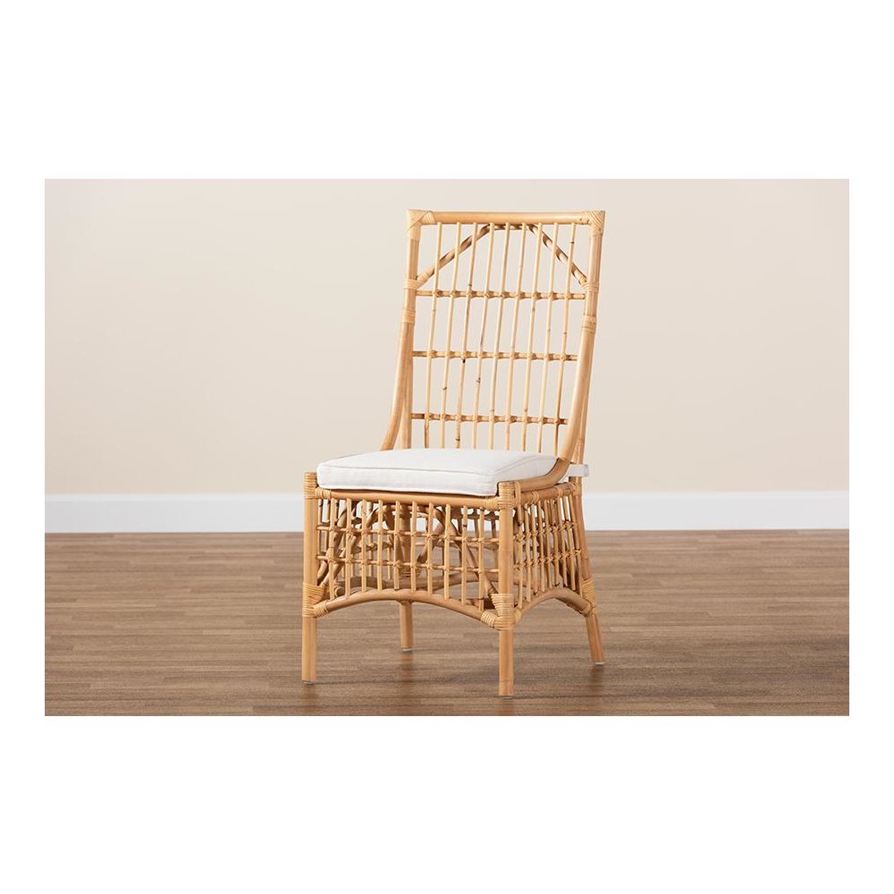 Bohemian White Fabric Upholstered and Natural Brown Rattan Dining Chair. Picture 9