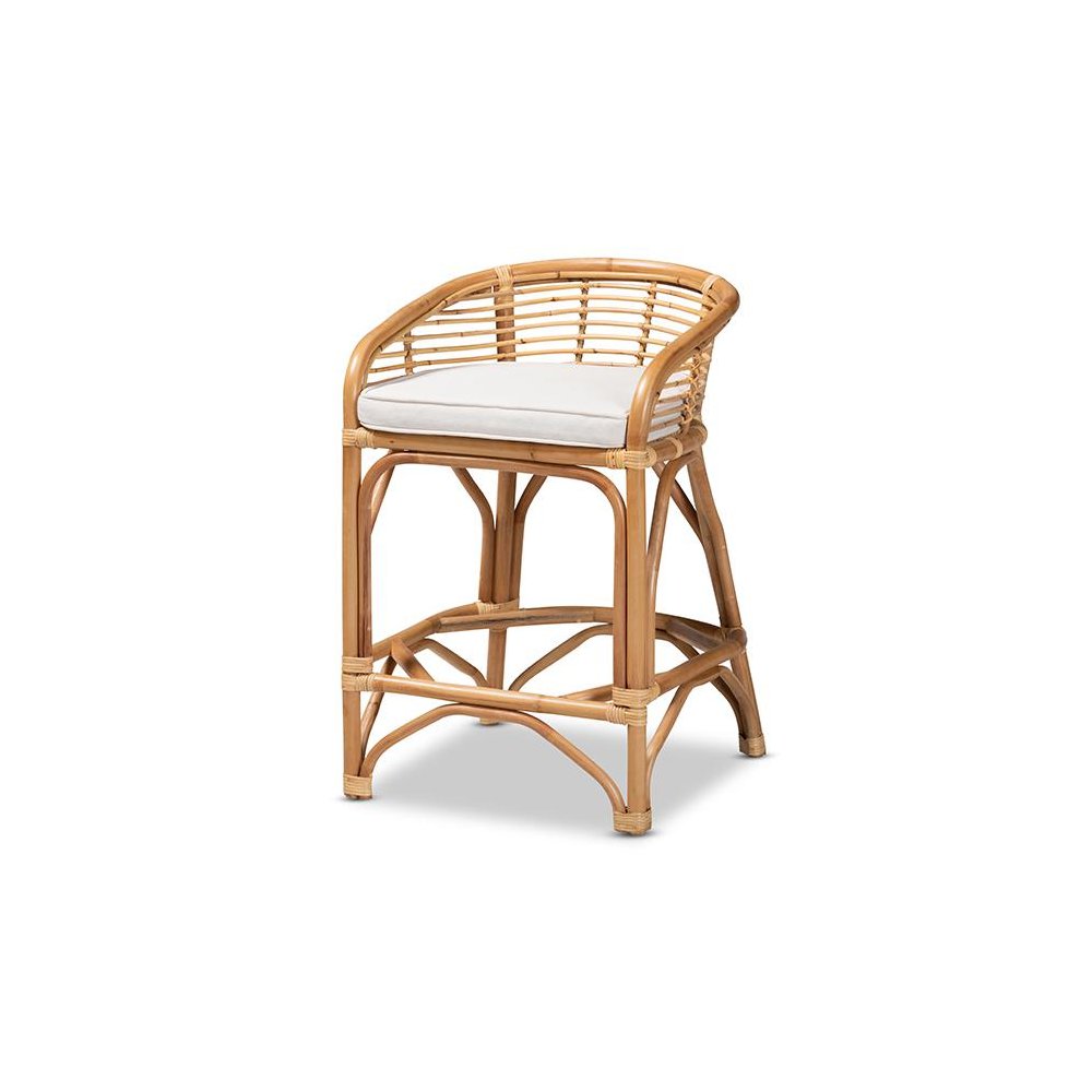 Bohemian White Fabric Upholstered and Natural Brown Rattan Counter Stool. Picture 1