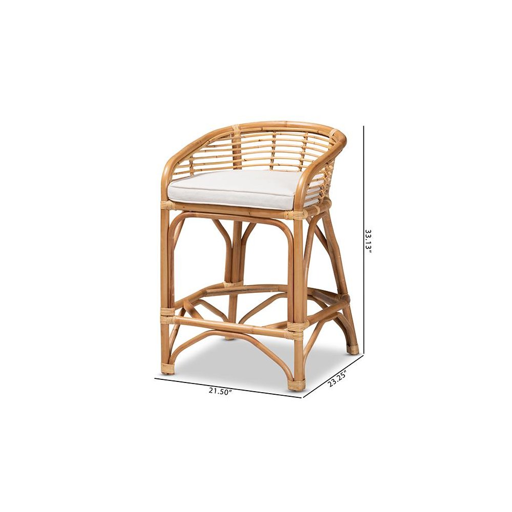 Bohemian White Fabric Upholstered and Natural Brown Rattan Counter Stool. Picture 10