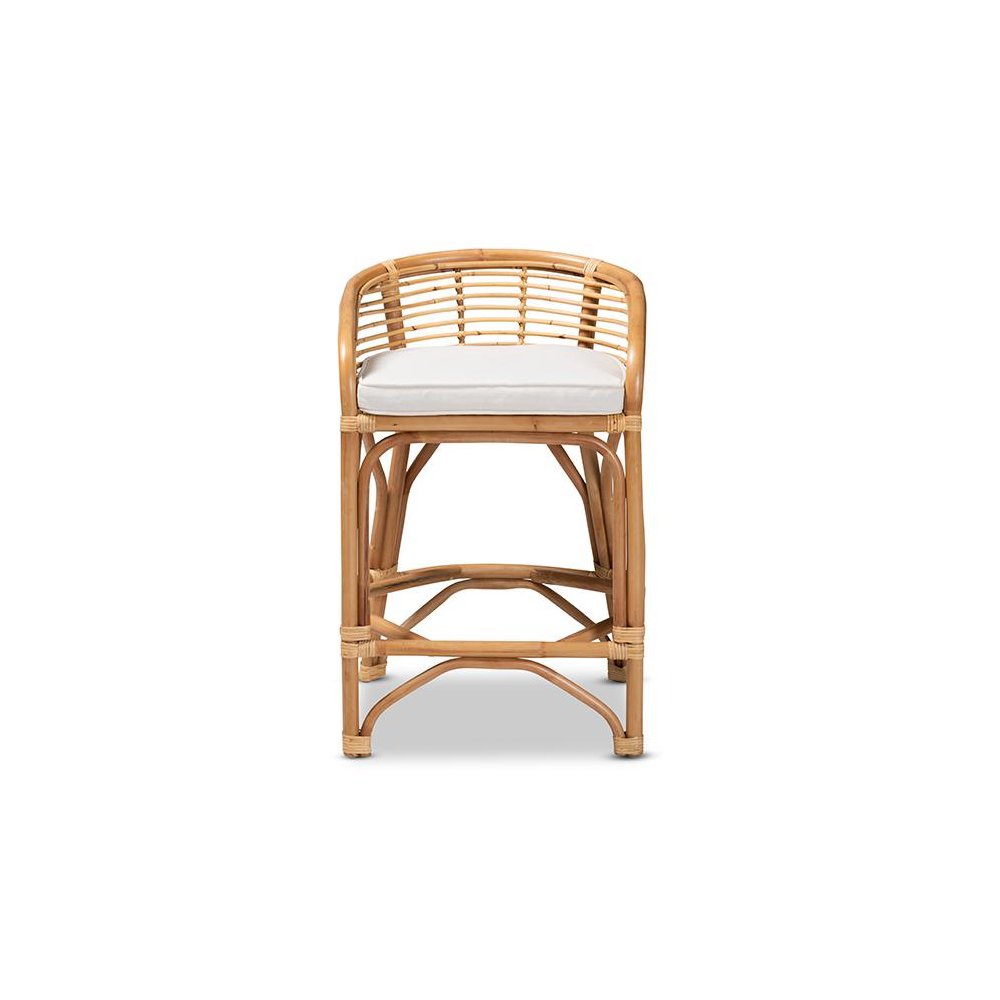 Bohemian White Fabric Upholstered and Natural Brown Rattan Counter Stool. Picture 2