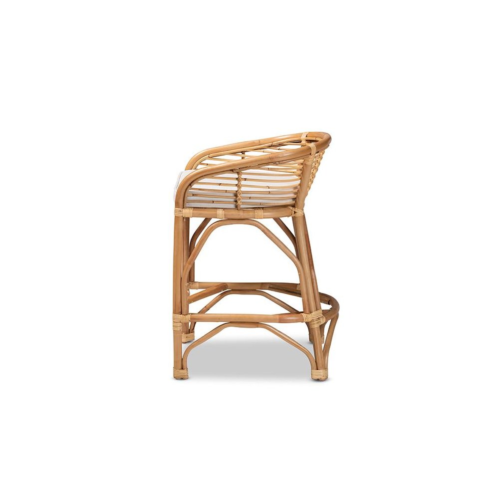 Bohemian White Fabric Upholstered and Natural Brown Rattan Counter Stool. Picture 3