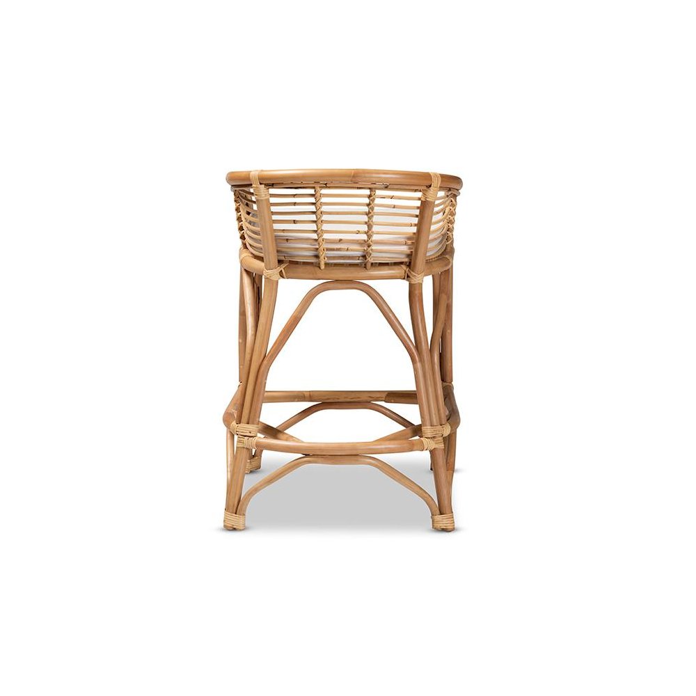 Bohemian White Fabric Upholstered and Natural Brown Rattan Counter Stool. Picture 4