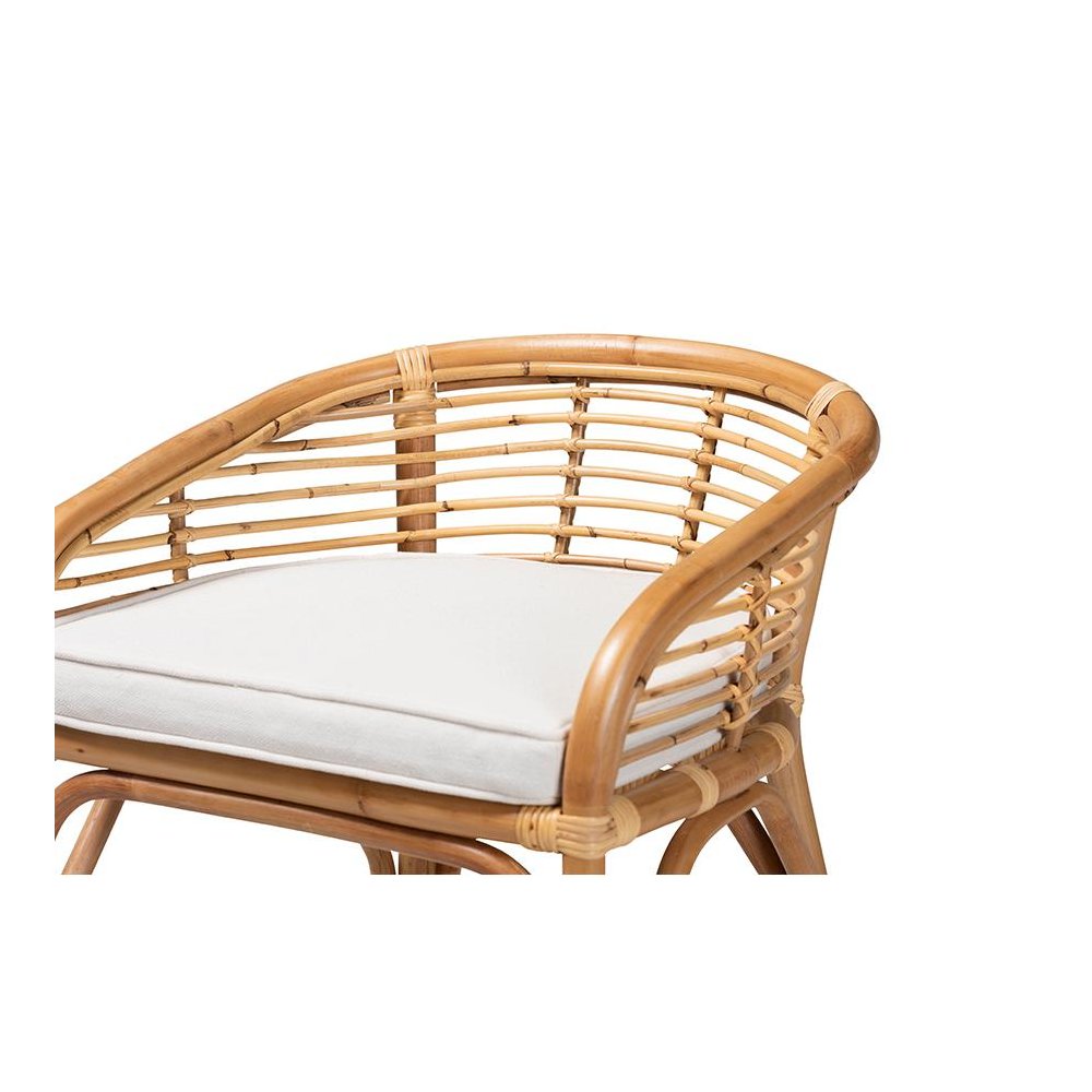 Bohemian White Fabric Upholstered and Natural Brown Rattan Counter Stool. Picture 5