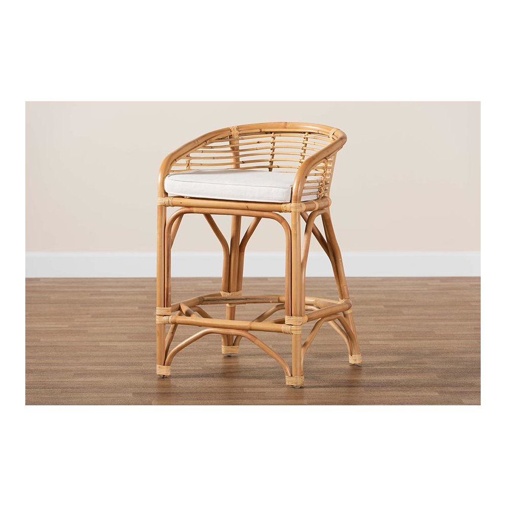 Bohemian White Fabric Upholstered and Natural Brown Rattan Counter Stool. Picture 9