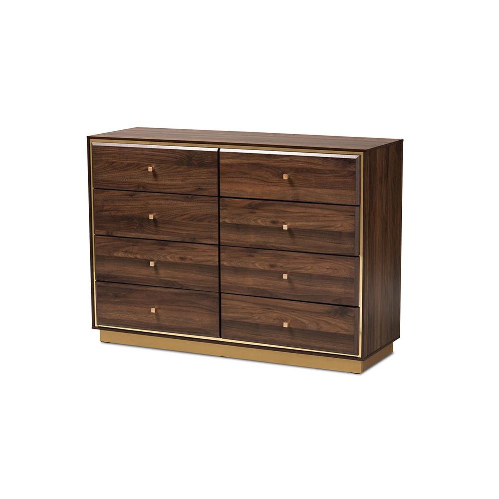 Walnut Brown Finished Wood and Gold Metal 8-Drawer Dresser. Picture 1