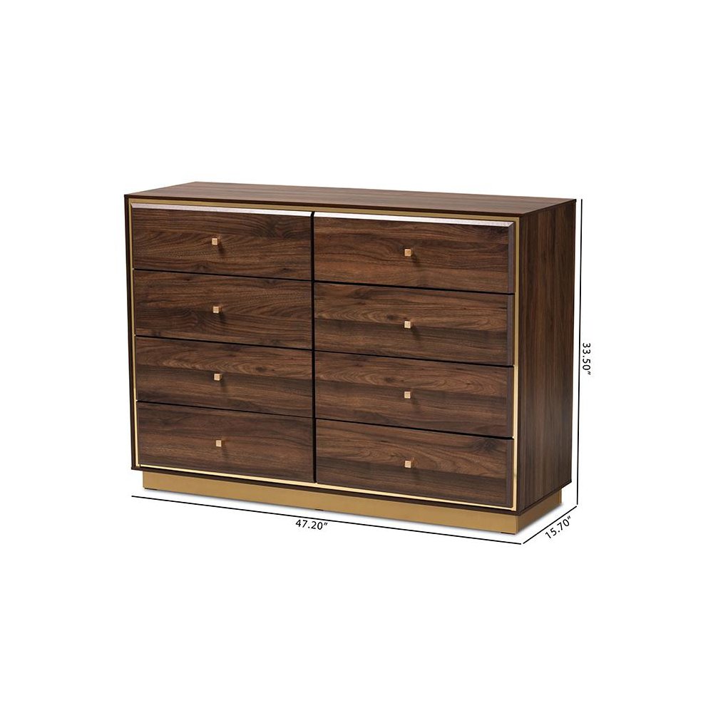 Walnut Brown Finished Wood and Gold Metal 8-Drawer Dresser. Picture 10