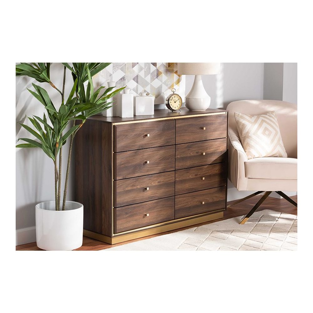 Walnut Brown Finished Wood and Gold Metal 8-Drawer Dresser. Picture 8