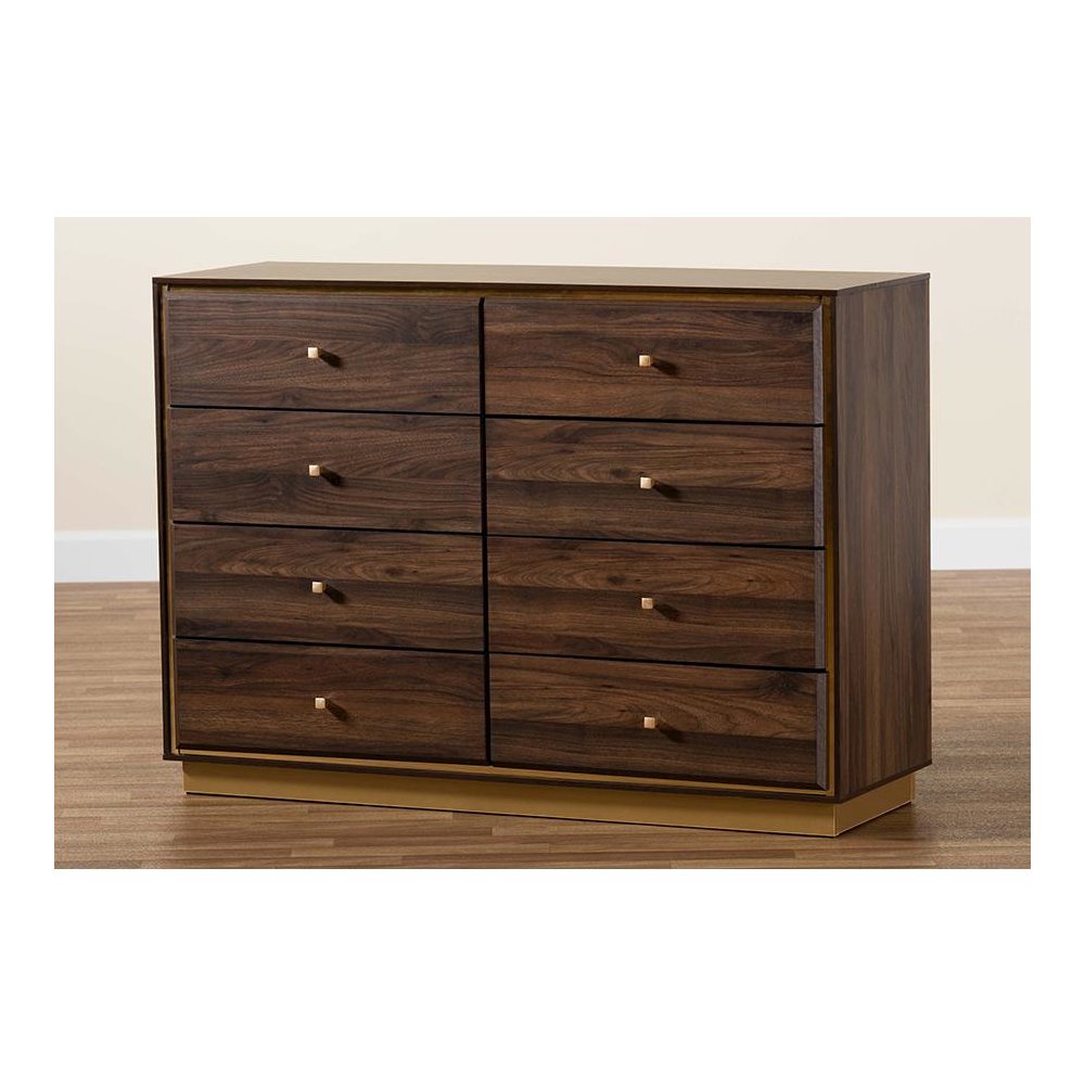 Walnut Brown Finished Wood and Gold Metal 8-Drawer Dresser. Picture 9