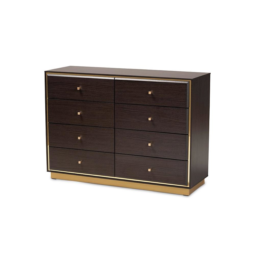 Espresso Brown Finished Wood and Gold Metal 8-Drawer Dresser. Picture 1