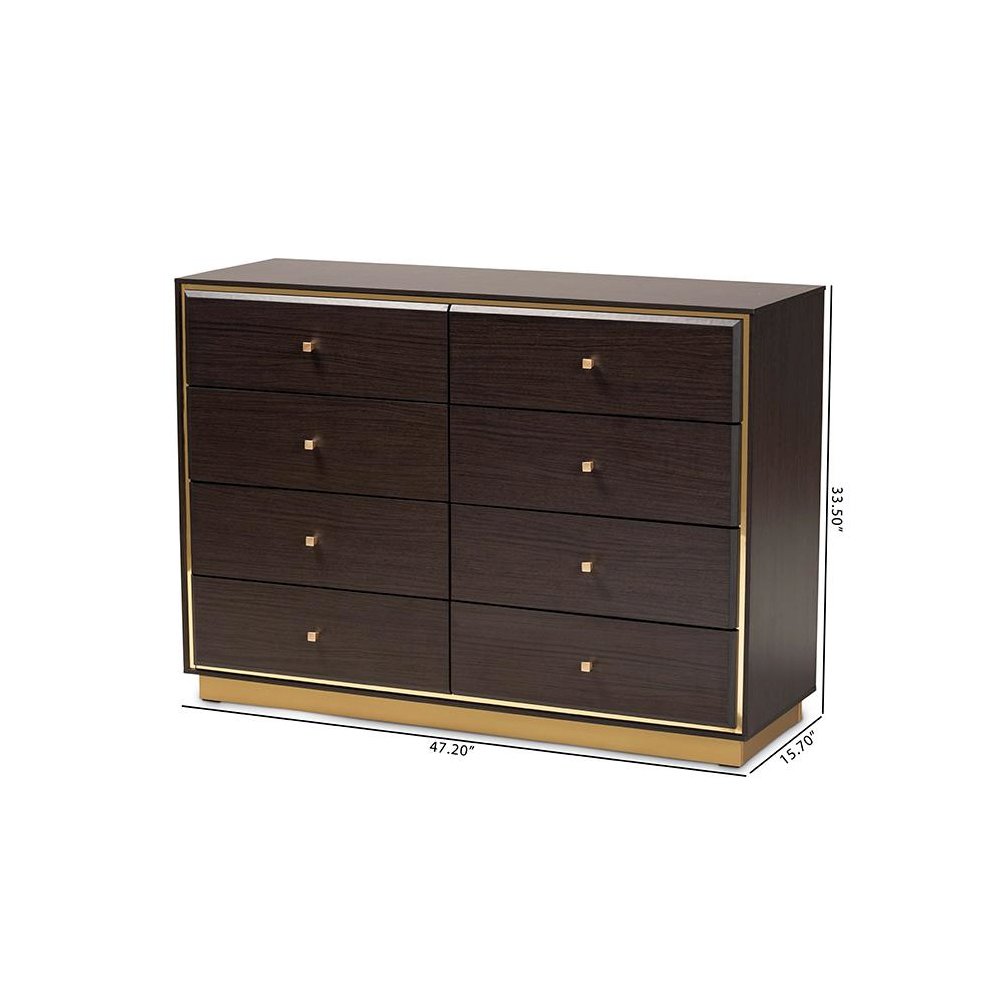 Espresso Brown Finished Wood and Gold Metal 8-Drawer Dresser. Picture 10