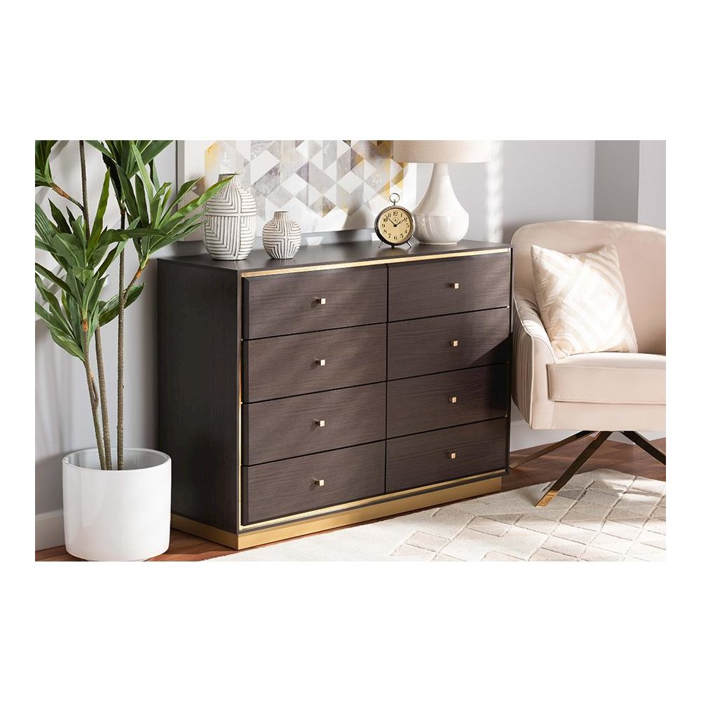 Espresso Brown Finished Wood and Gold Metal 8-Drawer Dresser. Picture 8