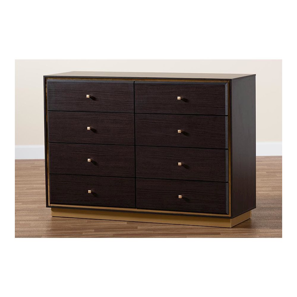 Espresso Brown Finished Wood and Gold Metal 8-Drawer Dresser. Picture 9