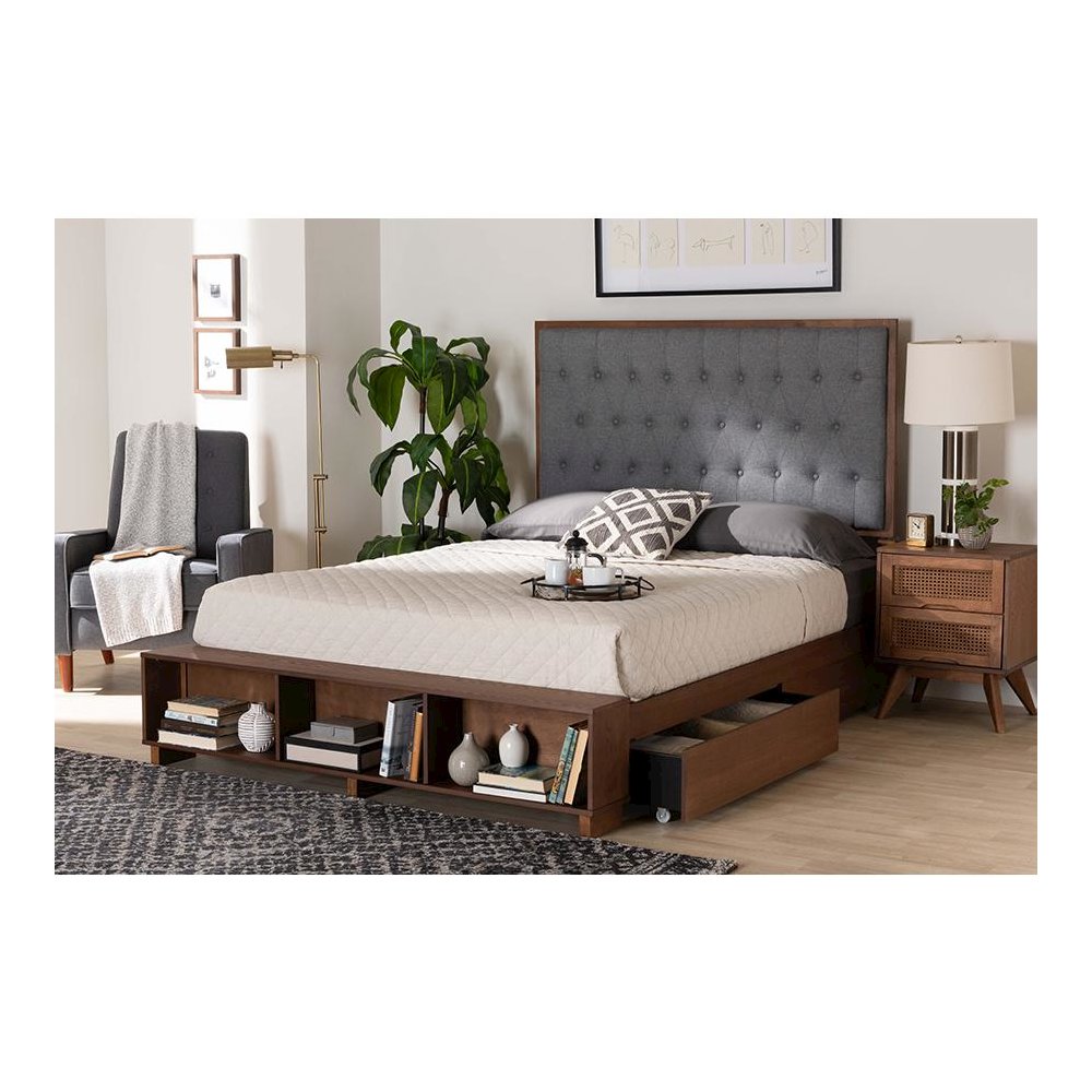 Walnut Brown Finished Wood King Size Platform Storage Bed. Picture 10