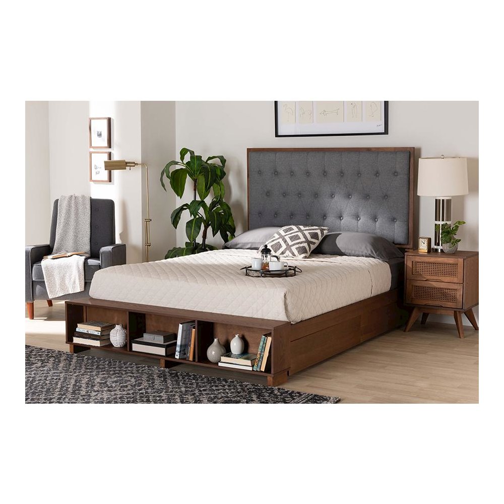 Walnut Brown Finished Wood King Size Platform Storage Bed. Picture 9