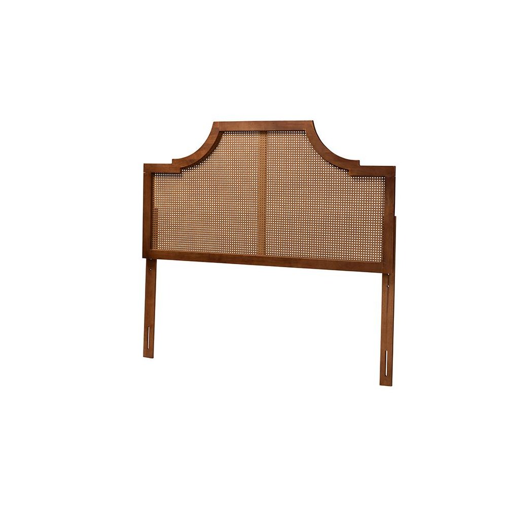Risha Mid-Century Modern Ash Walnut Finished Wood and Rattan King Size Headboard. Picture 1
