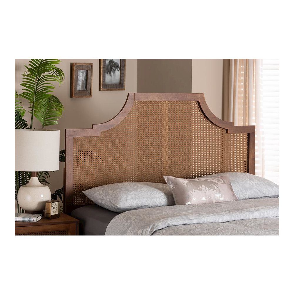 Risha Mid-Century Modern Ash Walnut Finished Wood and Rattan King Size Headboard. Picture 5