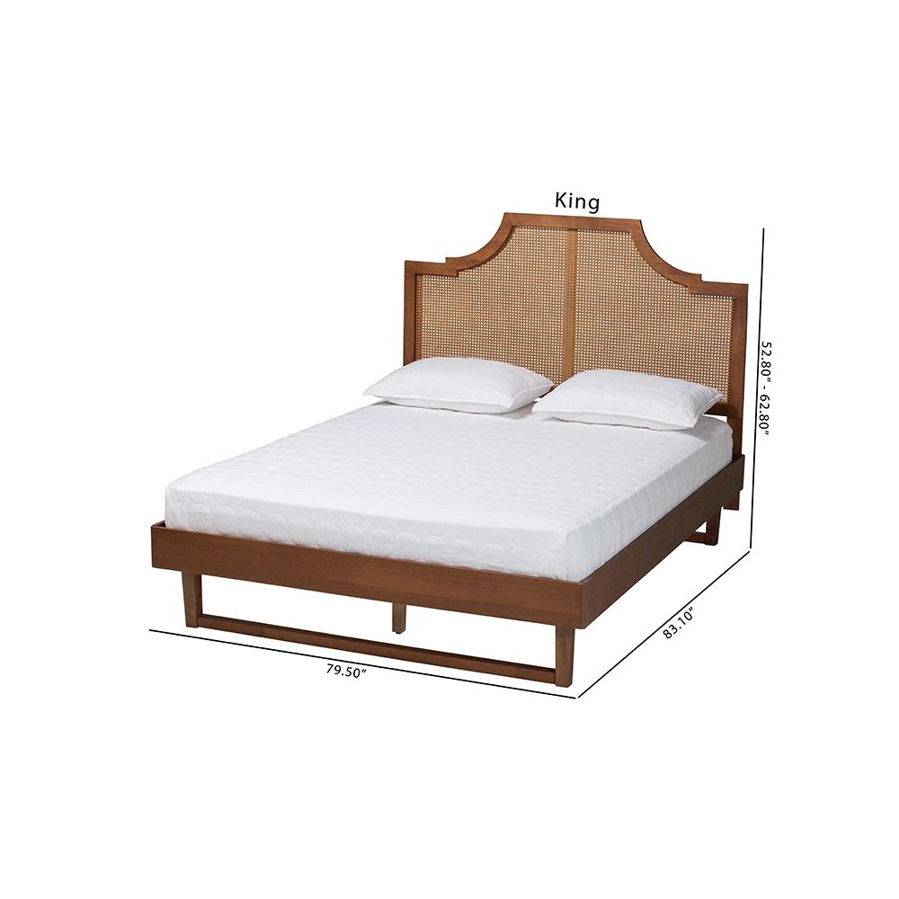 Francine Mid-Century Modern Ash Walnut Woven Rattan Queen Size Bed. Picture 10
