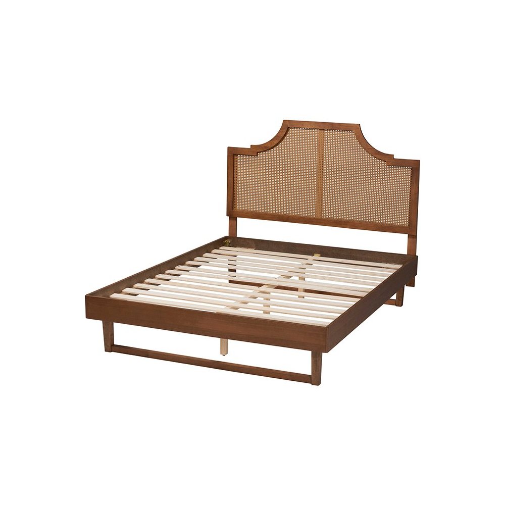 Francine Mid-Century Modern Ash Walnut Woven Rattan Queen Size Bed. Picture 3
