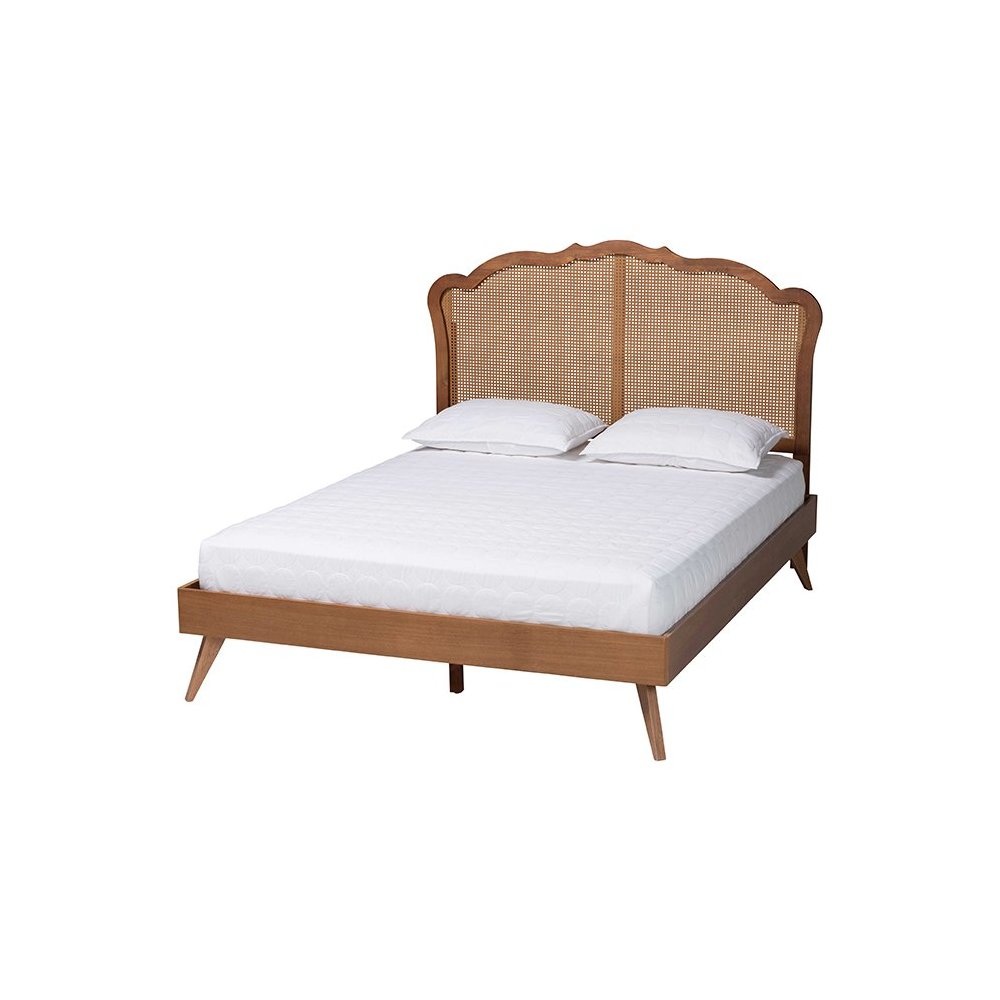 Aithan Mid-Century Walnut Brown Wood and Rattan Queen Size Platform Bed. Picture 1