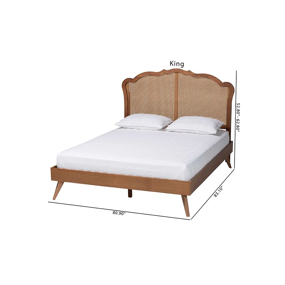 Aithan Mid-Century Walnut Brown Wood and Rattan Queen Size Platform Bed. Picture 10
