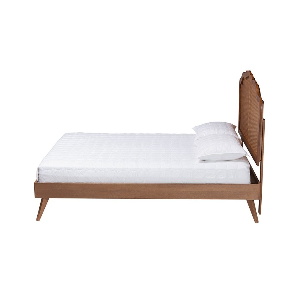 Aithan Mid-Century Walnut Brown Wood and Rattan Queen Size Platform Bed. Picture 2