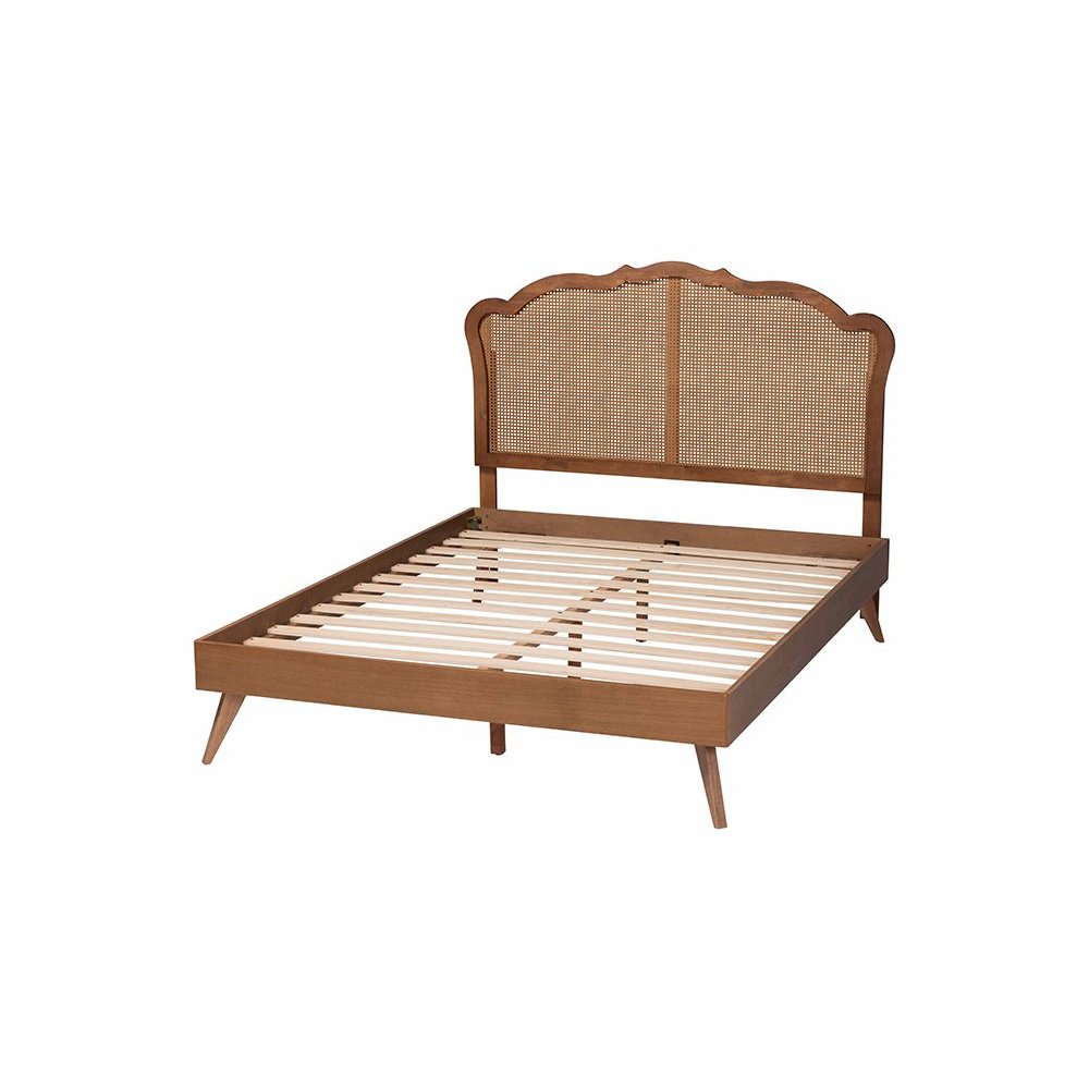 Aithan Mid-Century Walnut Brown Wood and Rattan Queen Size Platform Bed. Picture 3