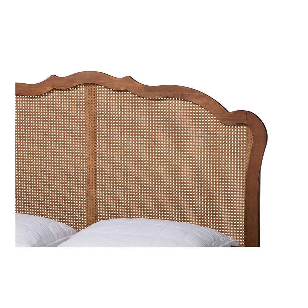 Aithan Mid-Century Walnut Brown Wood and Rattan Queen Size Platform Bed. Picture 4
