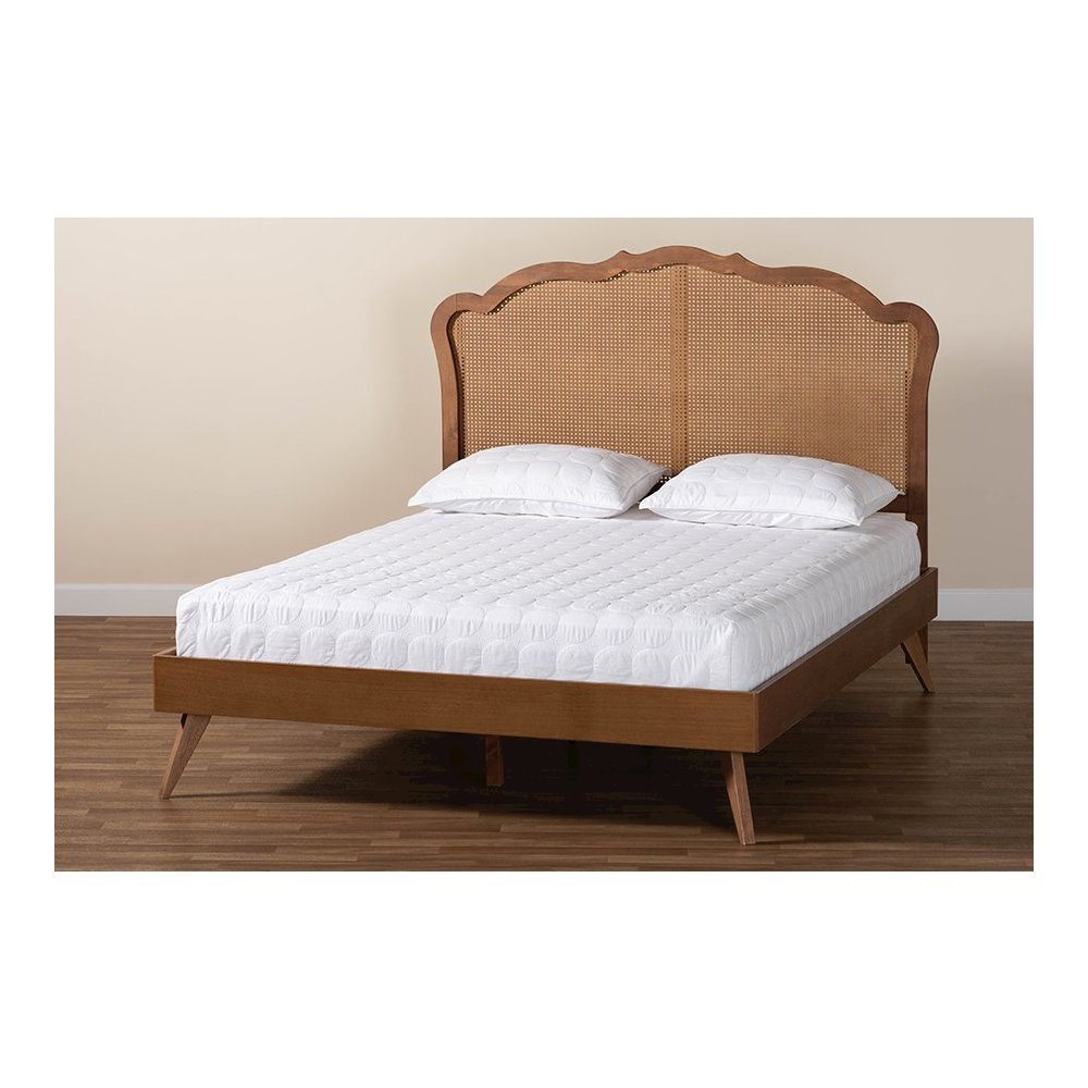 Aithan Mid-Century Walnut Brown Wood and Rattan Queen Size Platform Bed. Picture 8