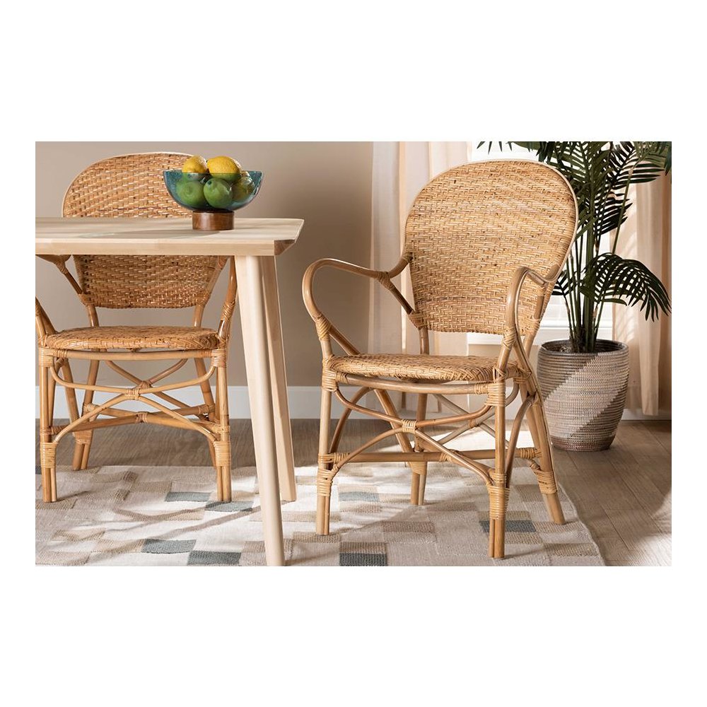 bali & pari Genna Modern Bohemian Natural Brown Finished Rattan Dining Chair. Picture 8