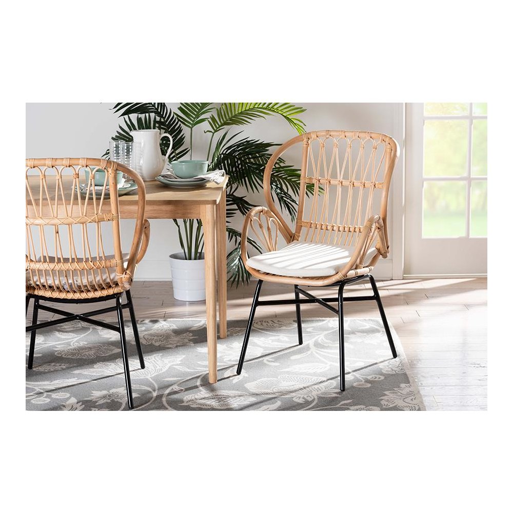 bali & pari Caelia Modern Bohemian Natural Brown Rattan and Black Metal Chair. Picture 8