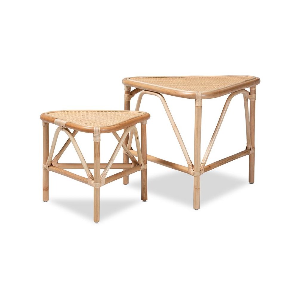Bohemian Natural Brown Finished Rattan 2-Piece End Table Set. Picture 1