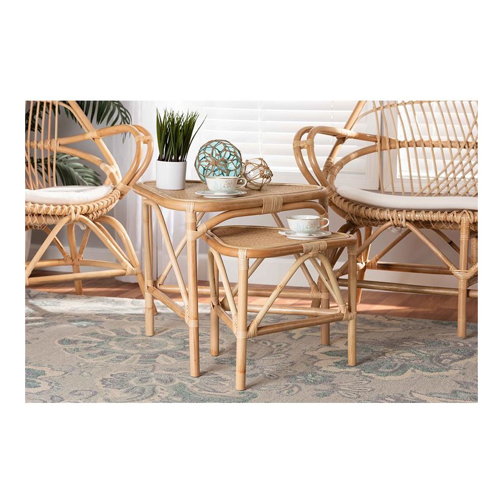 Bohemian Natural Brown Finished Rattan 2-Piece End Table Set. Picture 6