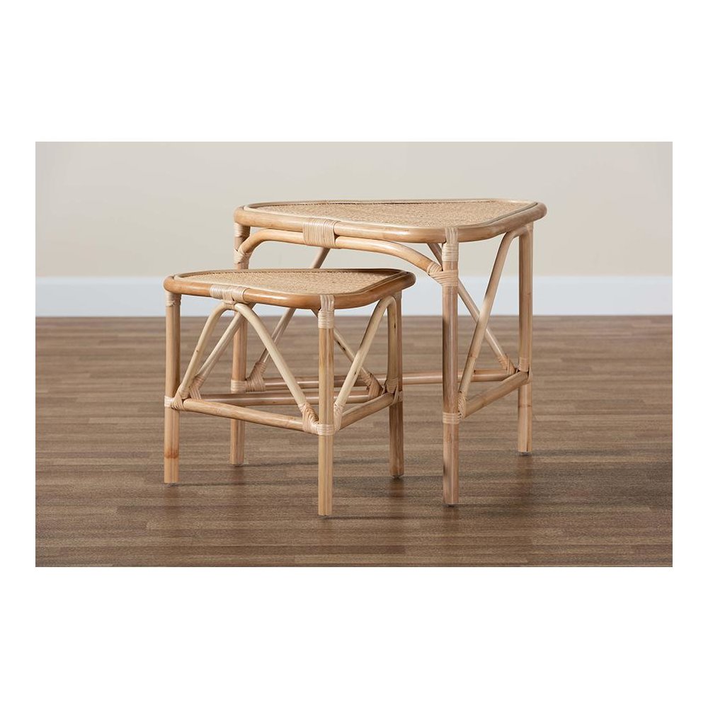 Bohemian Natural Brown Finished Rattan 2-Piece End Table Set. Picture 7