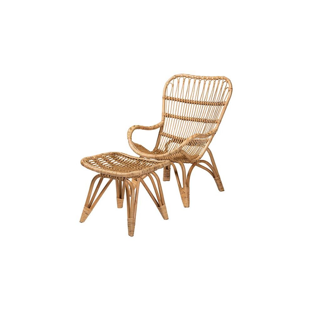 Earvin Modern Bohemian Natural Brown Rattan 2-Piece Armchair and Footstool Set. Picture 1