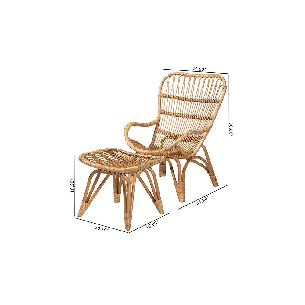 Earvin Modern Bohemian Natural Brown Rattan 2-Piece Armchair and Footstool Set. Picture 10