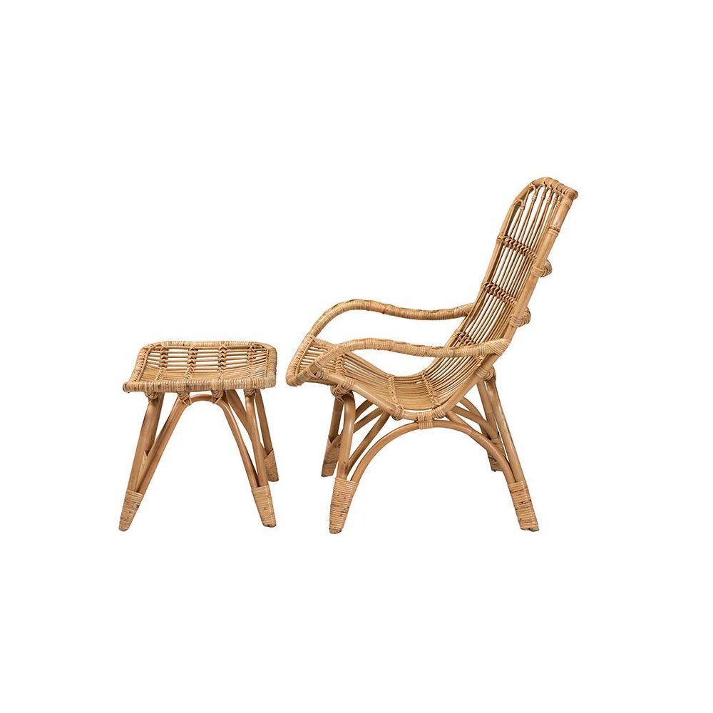 Earvin Modern Bohemian Natural Brown Rattan 2-Piece Armchair and Footstool Set. Picture 3