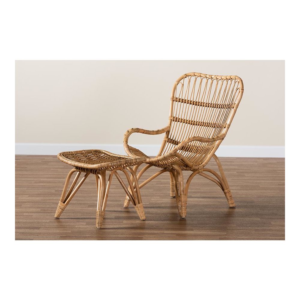 Earvin Modern Bohemian Natural Brown Rattan 2-Piece Armchair and Footstool Set. Picture 9
