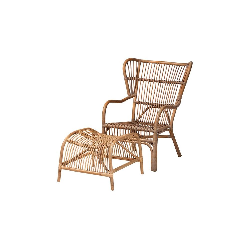 Bohmenian Natural Brown Antique Rattan 2-Piece Chair and Footstool Set. Picture 1