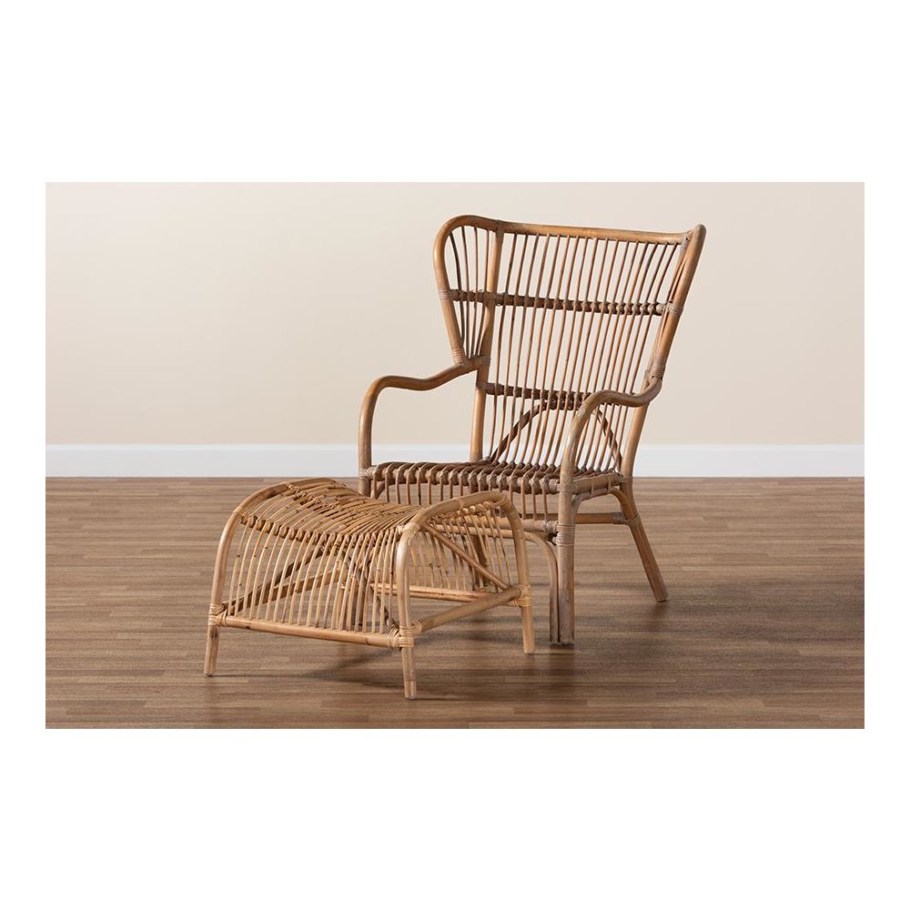 Bohmenian Natural Brown Antique Rattan 2-Piece Chair and Footstool Set. Picture 8