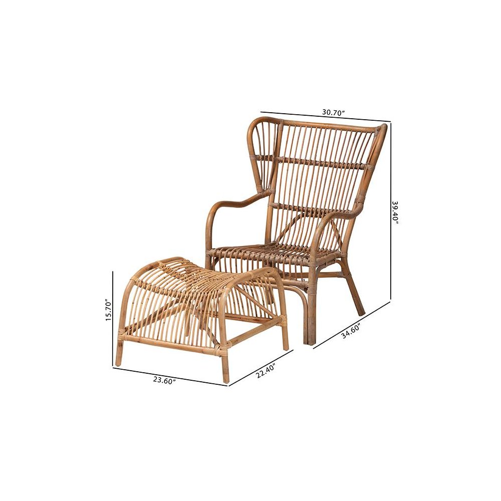 Bohmenian Natural Brown Antique Rattan 2-Piece Chair and Footstool Set. Picture 9