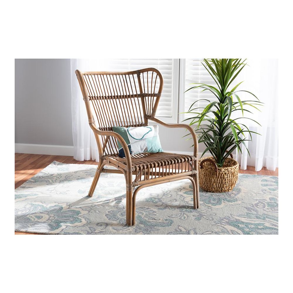 bali & pari Lamaria Modern Bohmenian Natural Brown Antique Rattan Armchair. Picture 8