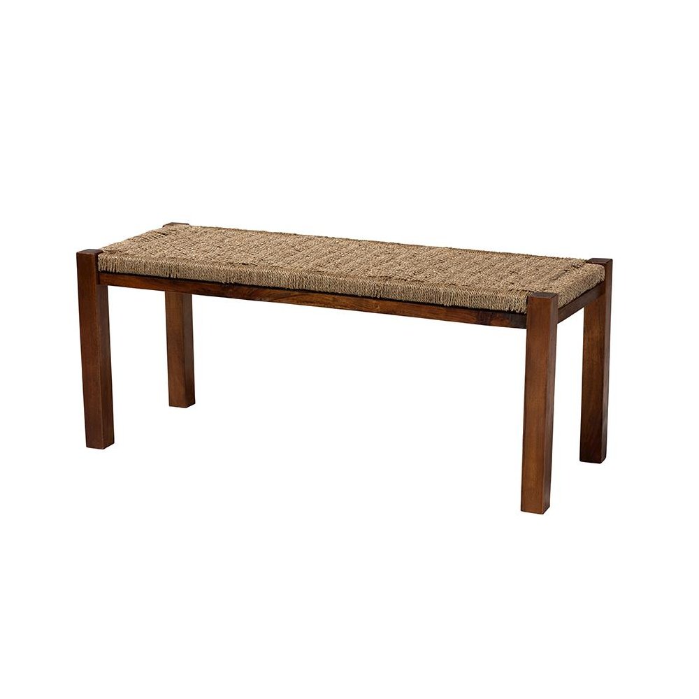 Transitional Natural Seagrass and Mahogany Wood Bench. Picture 1