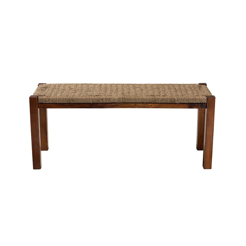 Transitional Natural Seagrass and Mahogany Wood Bench. Picture 2