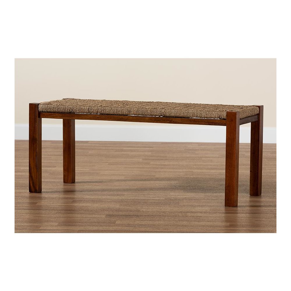 Transitional Natural Seagrass and Mahogany Wood Bench. Picture 7